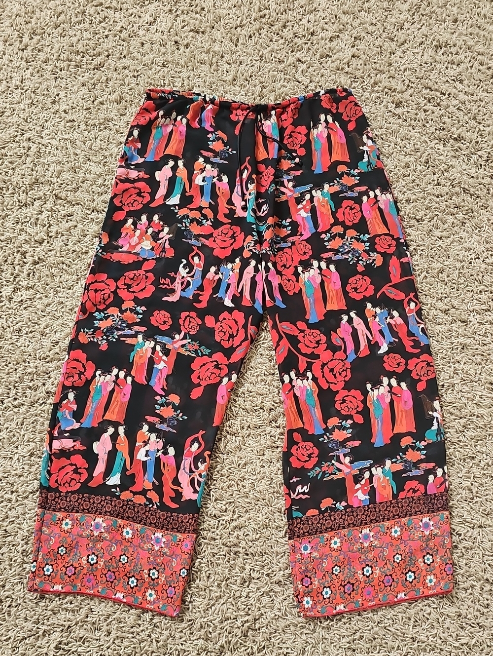 Josie Natori Capris Sheer Pants Geisha Japenese Print Medium Pull On